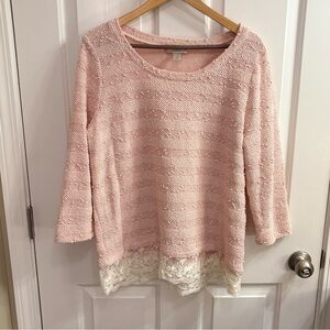 LOFT Blush Textured Knit Lace Trim Top XL